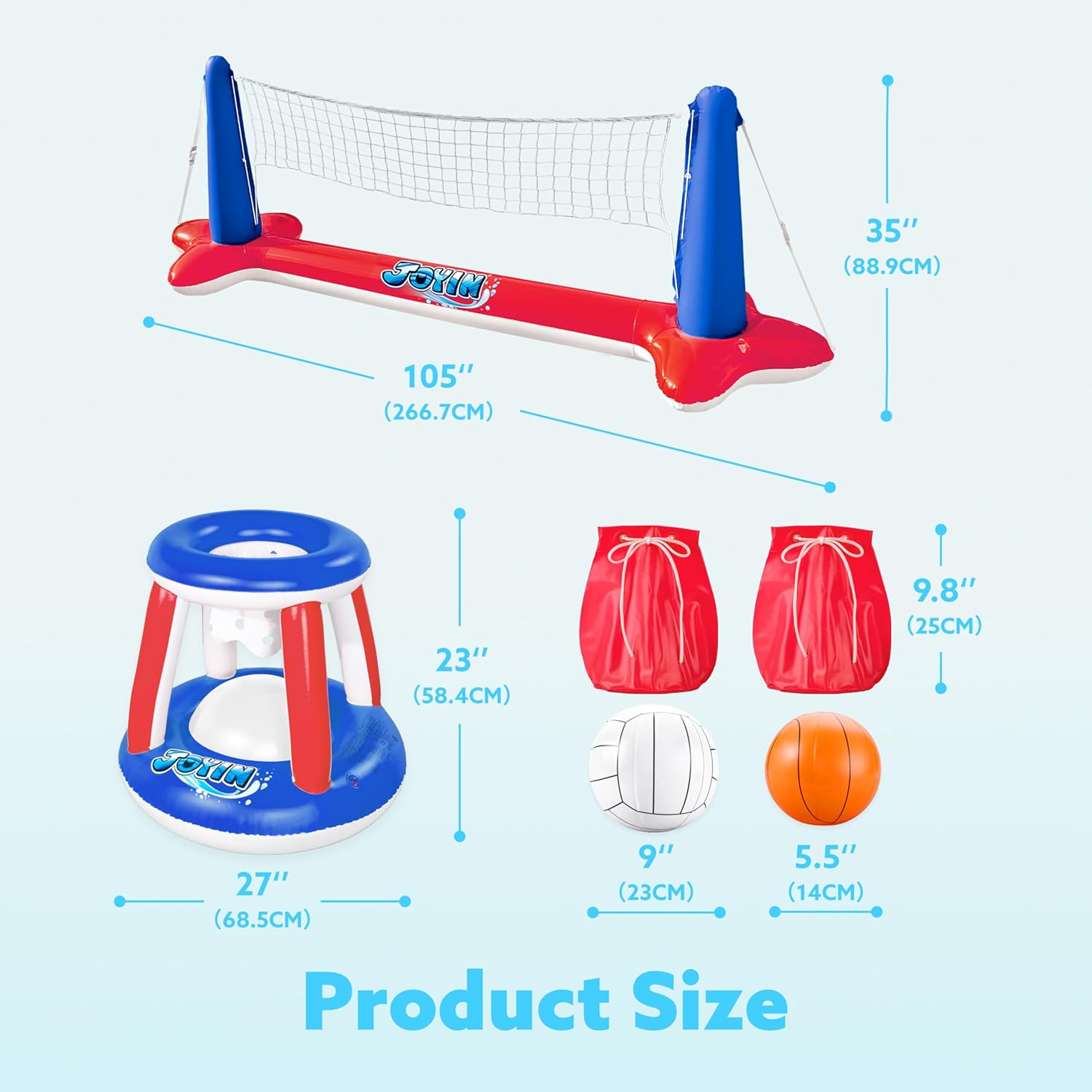 JOYIN Inflatable Pool Float Set Volleyball Net & Basketball Hoops, Balls Included for Kids and Adults Swimming Game Toy, Summer Floaties, Volleyball Court |Basketball,L-Red