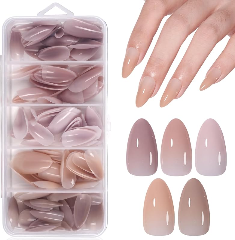 Press on Nails Medium Almond Nude Pink Nail Tips 5 Colors 140 PCS | Glossy Nature Acrylic Nails 4 in 1 False Nails for Women Girls Daily Wear Extensions for Salon Home DIY Gifts