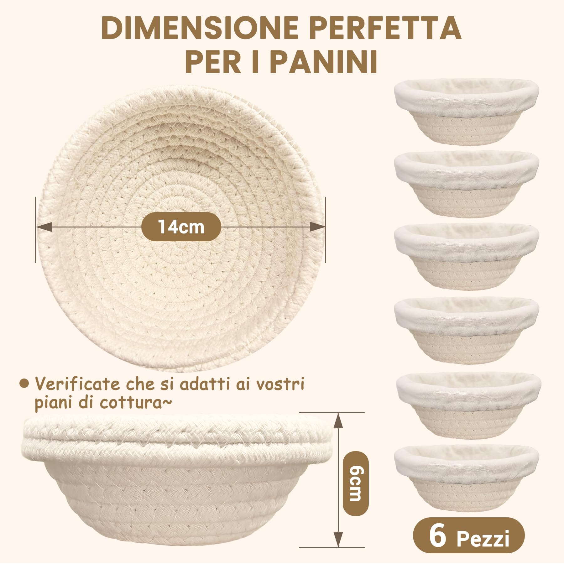 Mini cestino per lievitazione Banneton (14 cm, set di 6), in corda di cotone naturale, cestino piccolo e fodera, cestino per lievitazione di lievito naturale per ciotole per pane e piccoli pani