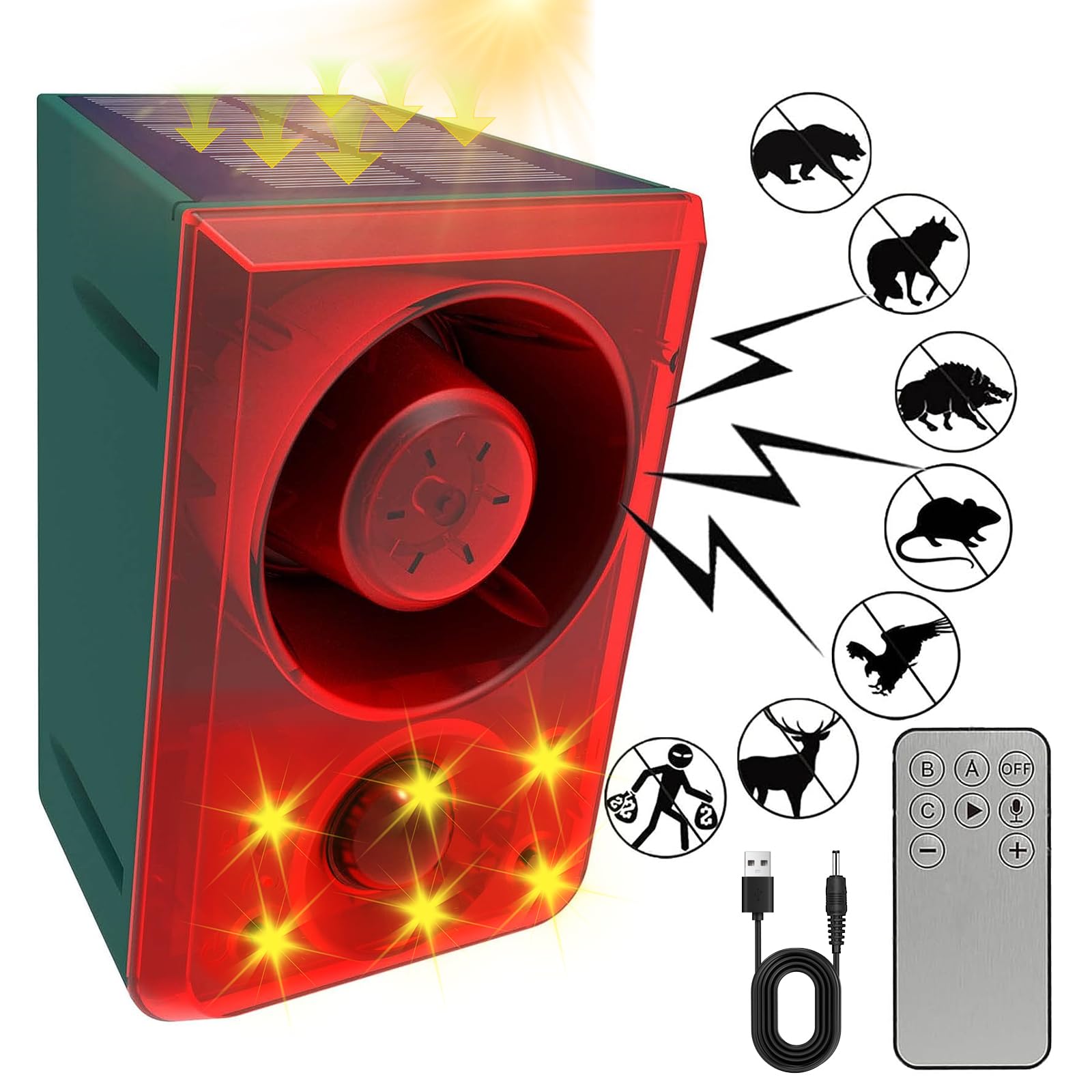 ChunHee Solar Outdoor Motion Sensor Alarm with Dog Barking Gunshot Sound, Support Recording and Adjustable Volume, 130db Loud Noise Maker 3 Work Modes Strobe Light for Home, Villa, Farm, Barn (1pack)