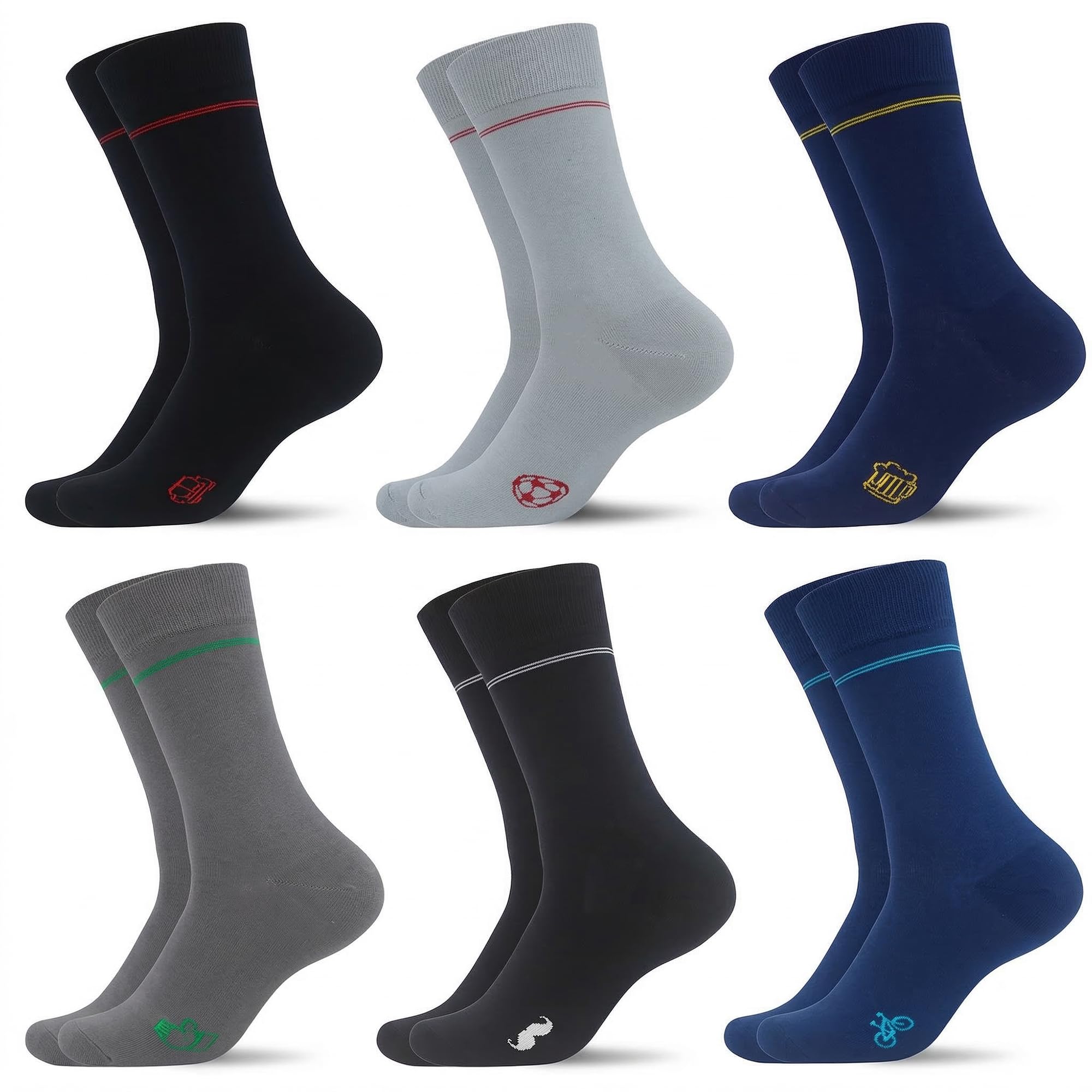 WeciBor Mittellange Gemusterte Herrensocken 6/12 Paare Baumwolle Business | Nahtlose Zehenpartie, verschiedene geometrische Muster, atmungsaktive weiche Baumwolle, für Büro, Business Casual und Alltag