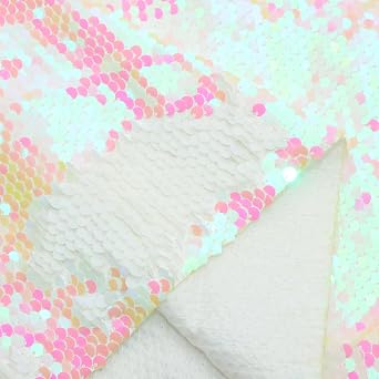 Sequin Fabric Shimmer Reversible Sequin Fabric, Quality Material Mesh Sequins for Sewing DIY Graffiti Wedding (AB White+White, 1 Yard)