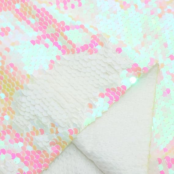 Sequin Fabric Shimmer Reversible Sequin Fabric, Quality Material Mesh Sequins for Sewing DIY Graffiti Wedding (AB White+White, 1 Yard)