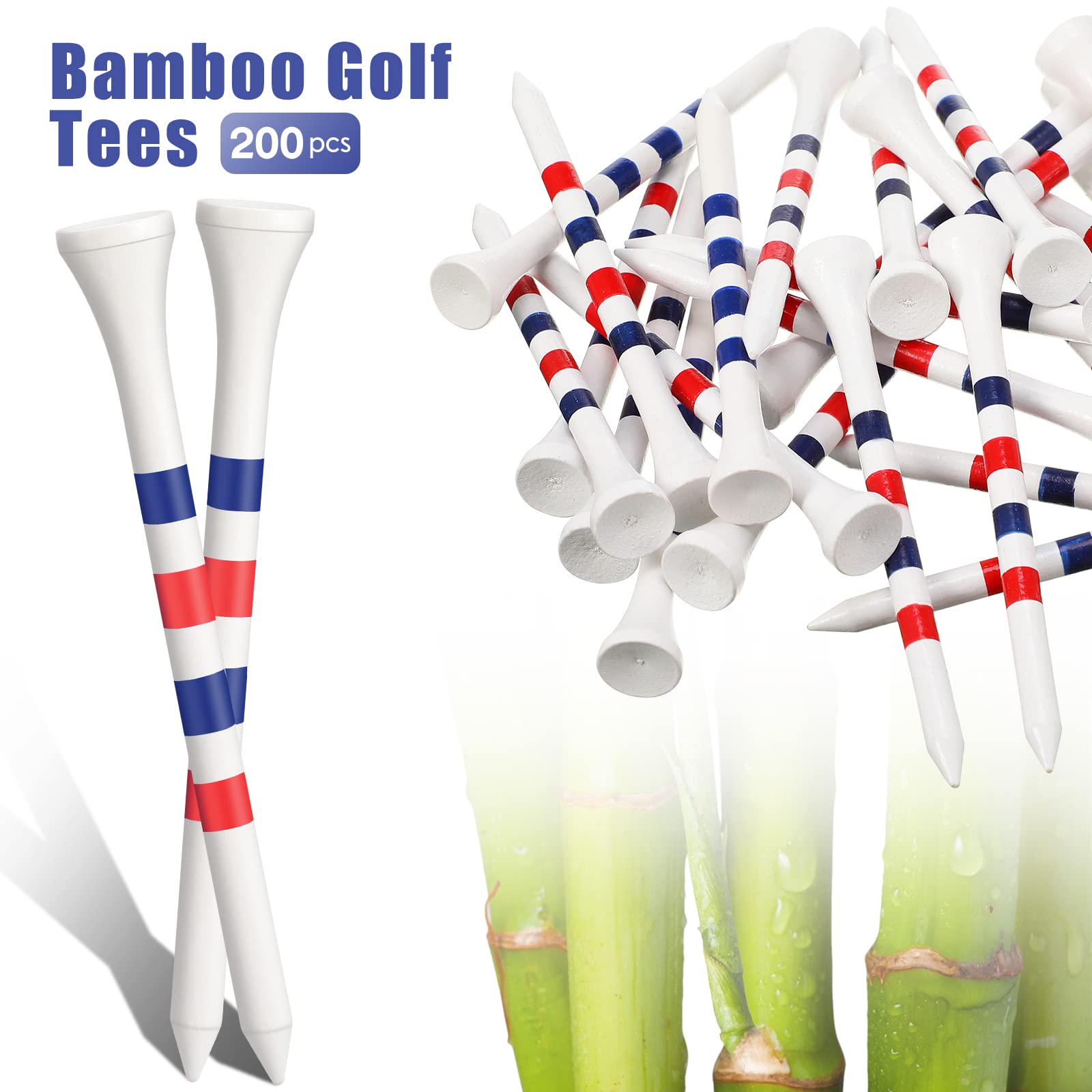 200 Stück Bambus-Golf-Tees, 8,9 cm, reduziert Reibung, seitlicher Drehung, Golf-Tees aus Holz (weiß, rot und blau)