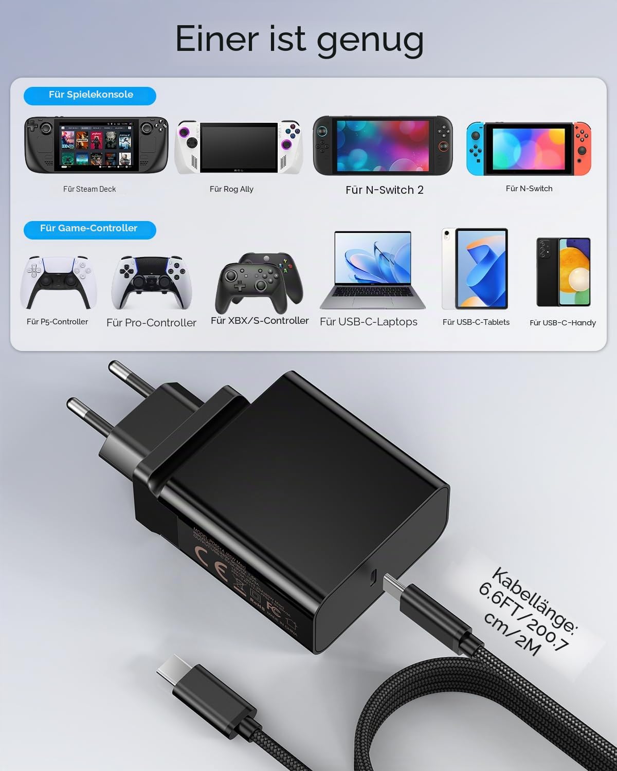 65W Schnellladegerät für Steam Deck, Nintendo Switch 2 & ROG Ally – PD3.0-klappbarer Netzadapter mit 6.6FT(2M) USB-C-Kabel, Switch 2/Steam Deck OLED/ROG Ally X Ladegerät unterstützt TV-Dock(6.6FT) | Faltbarer Netzadapter PD3.0 mit USB-C-Kabel von 2 m/6,6
