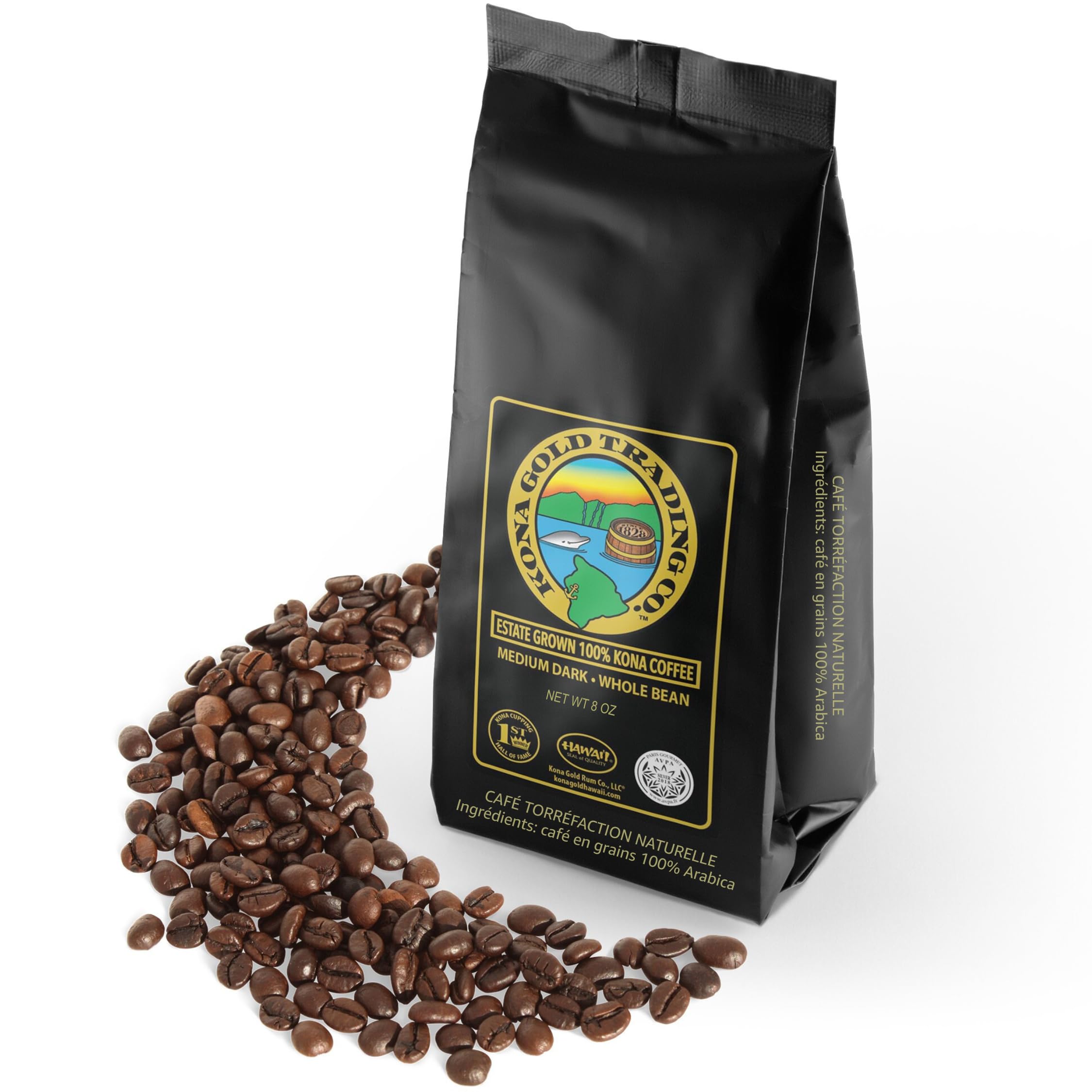 8oz 100% Kona Coffee Whole Beans by Kona Gold Rum Co. - Extra Fancy Freshly Roasted Medium/Dark Roast, Peach Notes with Cream Tones - Kona Coffee Whole Bean