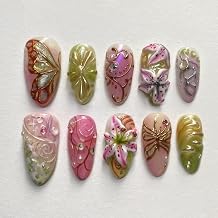 30pcs Spring Flowers Medium Almond Fake Nails with Sparkling Stars Pearl Butterfly Lily Flower Design 3D hand painted Floral Press On Stick on Full Cover Glossy Glitter Gel Artificial Nail for Women