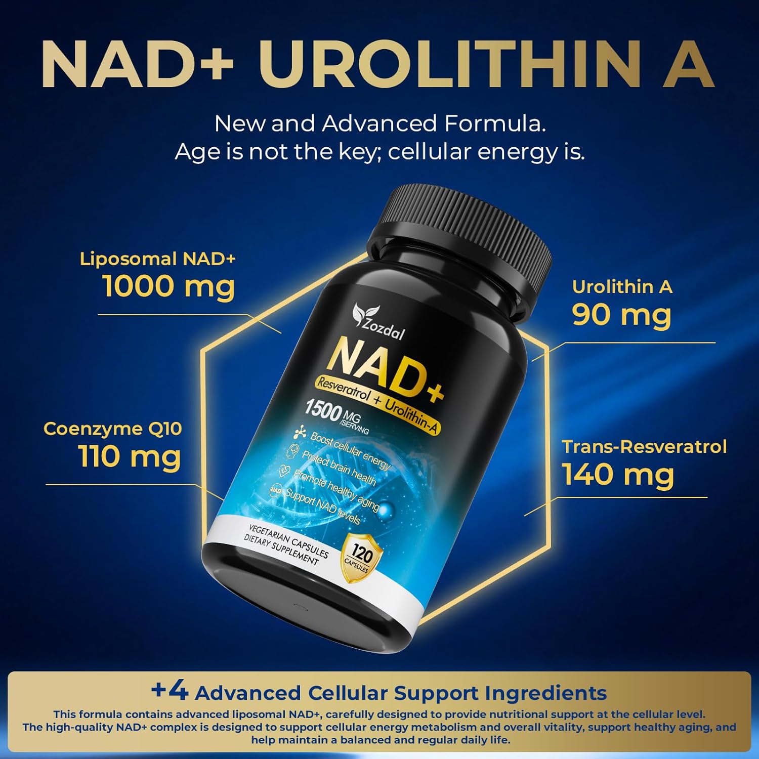 NAD+ Supplement 1500mg - 7-in-1 Liposomal Formula with Urolithin A, CoQ10 & Resveratrol - Cellular Energy, Muscle Health & Healthy Aging Support for Women & Men- 120 Capsules