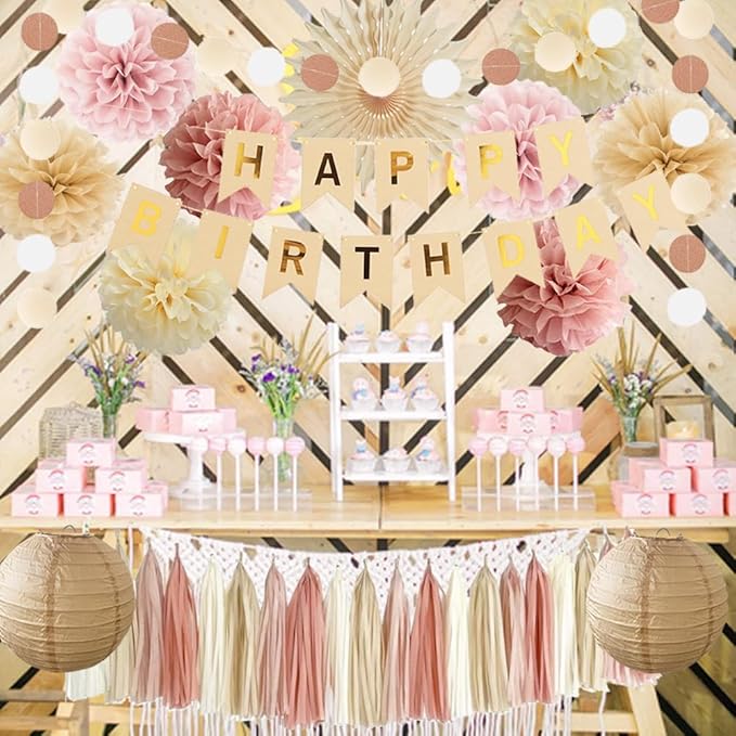 Kit Decoracion Fiesta Boho Beige Rosa Polvo 33 Piezas miniatura 4