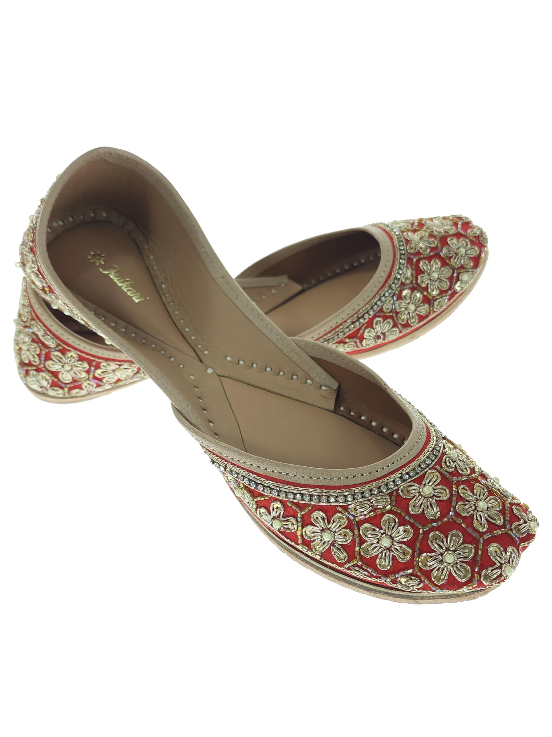 fulkari Women Pansy Gold Genuine Soft Leather Embroidered Jutis | Bite and Pinch Free Jutti | Punjabi Formal Juttis | Girl's Wedding Flat Ladies Mojari | Formal Ethnic Juti |-picture-44