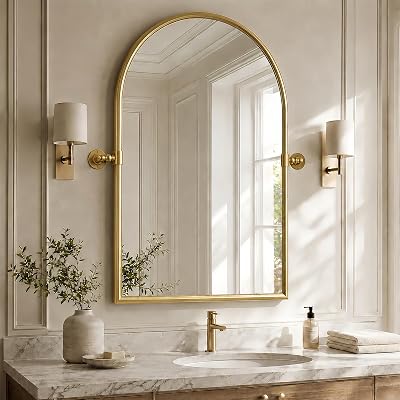 36x24 Inch Gold Arched Bathroom Mirror with Pivotm, Metal Arch Wall Mirrors
