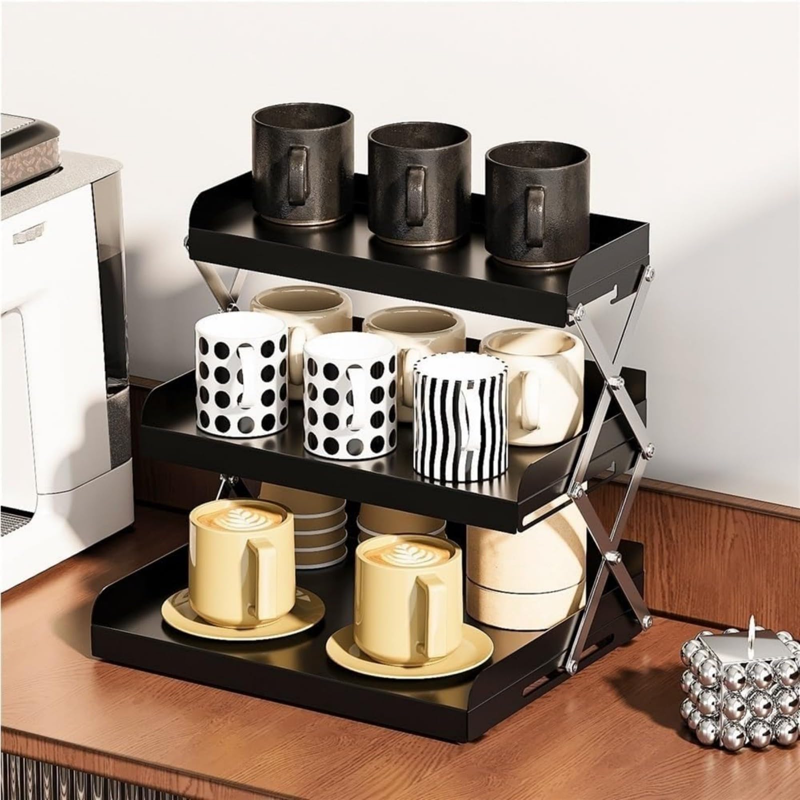 DUY 3-Tier Foldable Coffee Mug Holder, Black Metal Countertop Cup Organizer, Kitchen Storage Rack for Mugs, Dishes, Cups, Coffee Bar & Pantry (black)