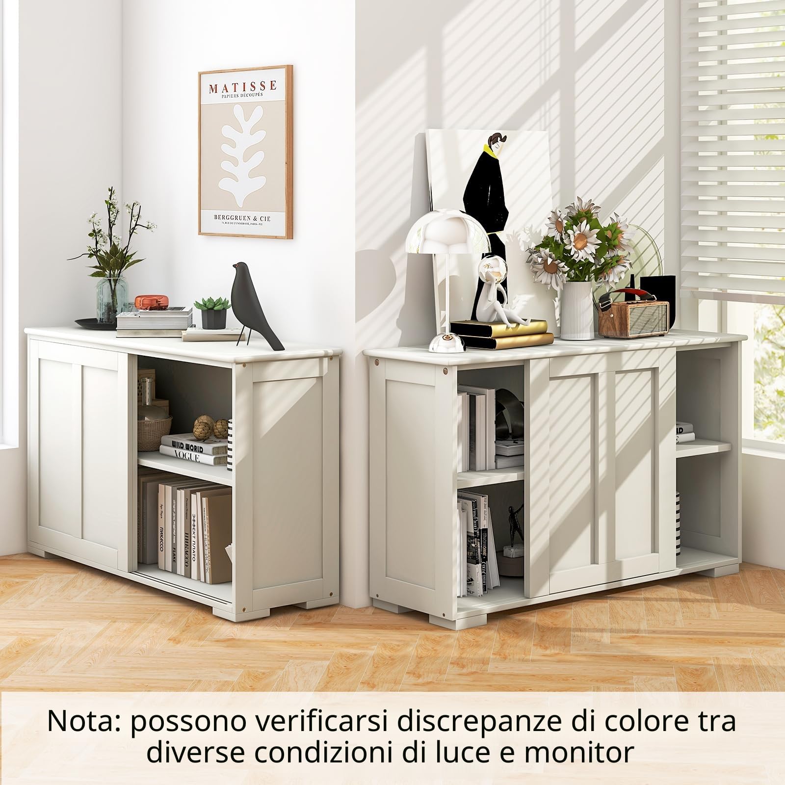 KOMFOTTEU Credenza Cucina con Ripiano Regolabile, Dispositivi Anti-Ribaltamento e Ante Scorrevoli, Mobile Buffet Dispensa Cucina in MDF, Armadietto a Buffet per Sala da Pranzo, 107x33x60cm (Crema)