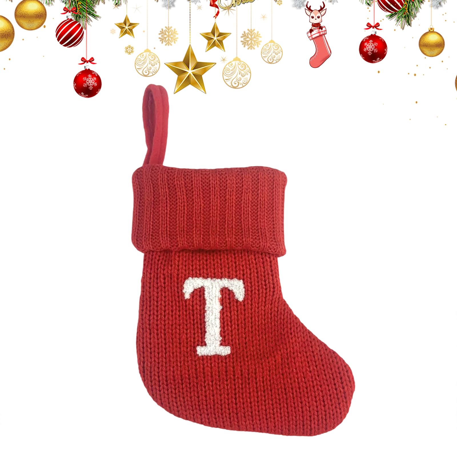Uoaesr T Christmas Stocking, Knitted Festive Sock With Embroidered Letter, 18X15cm Personalized Christmas Stockings, Hanging Stocking For Fireplace & Ree Decor, Personalised Gif Bag (T)