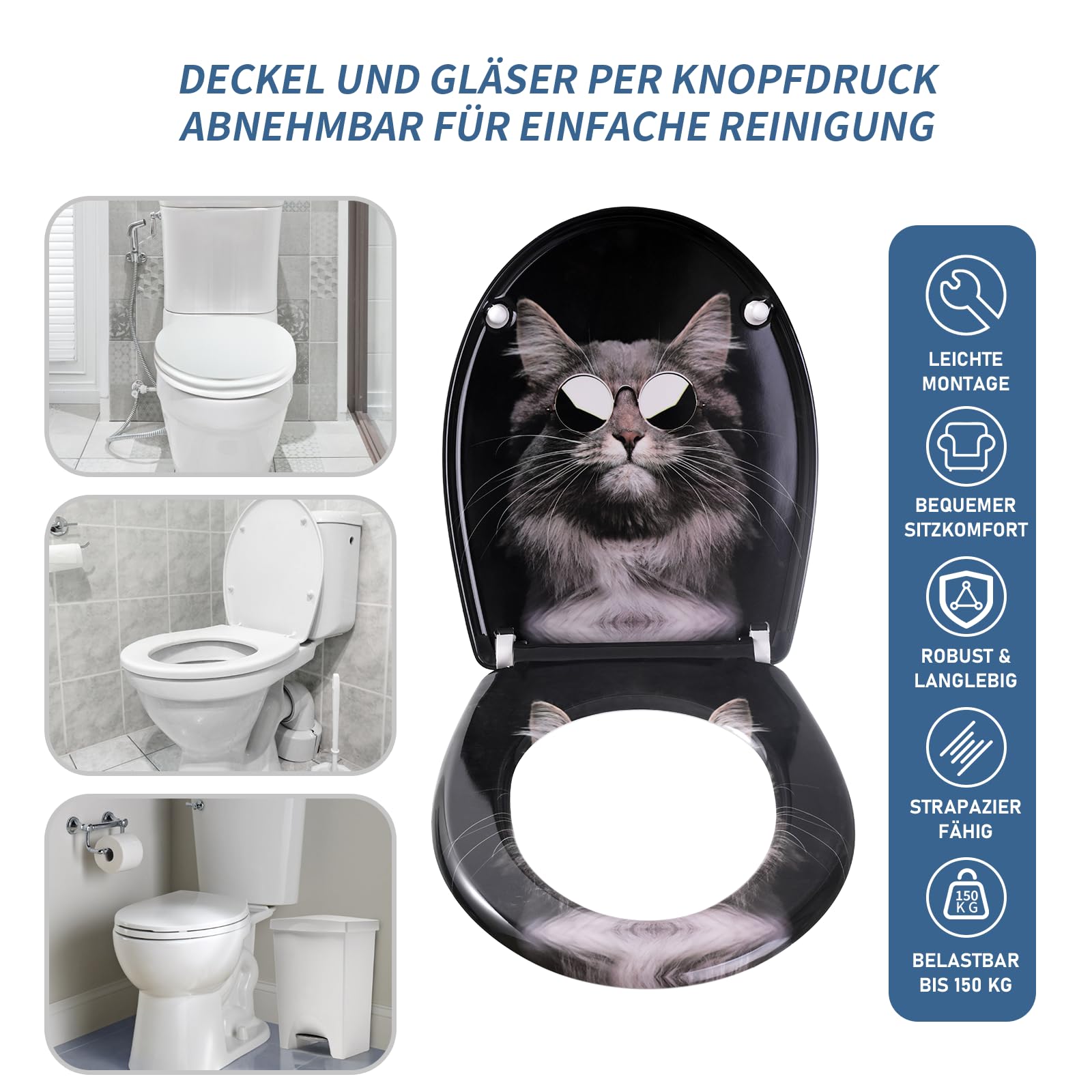 Toilettendeckel mit Absenkautomatik, WC Sitz mit Absenkautomatik Oval Form klodeckel Einfache Reinigung, Abnehmbarer WC-Sitz, 150kg belastbar, einfache Montage – Motiv: Schwarze Katze