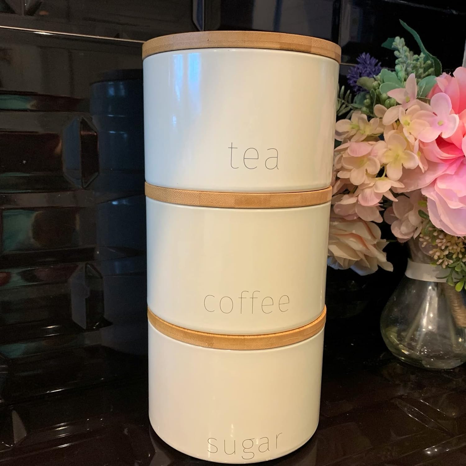 Off white retro stacking tea coffee sugar metal canisters set airtight