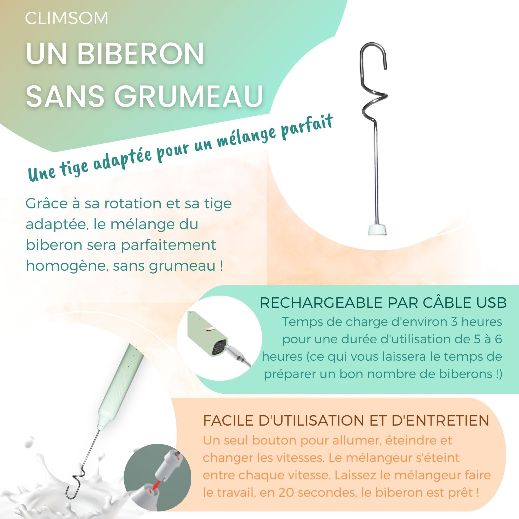 CLIMSOM - Nuova Versione! Miscelatore USB RICARICABILE Per Latte in Polvere Anti-Grumi, Miscela Omogenea in Pochi Secondi, Ideale per Latte Addensato, Preparazione di Latte in Polvere per Neonati