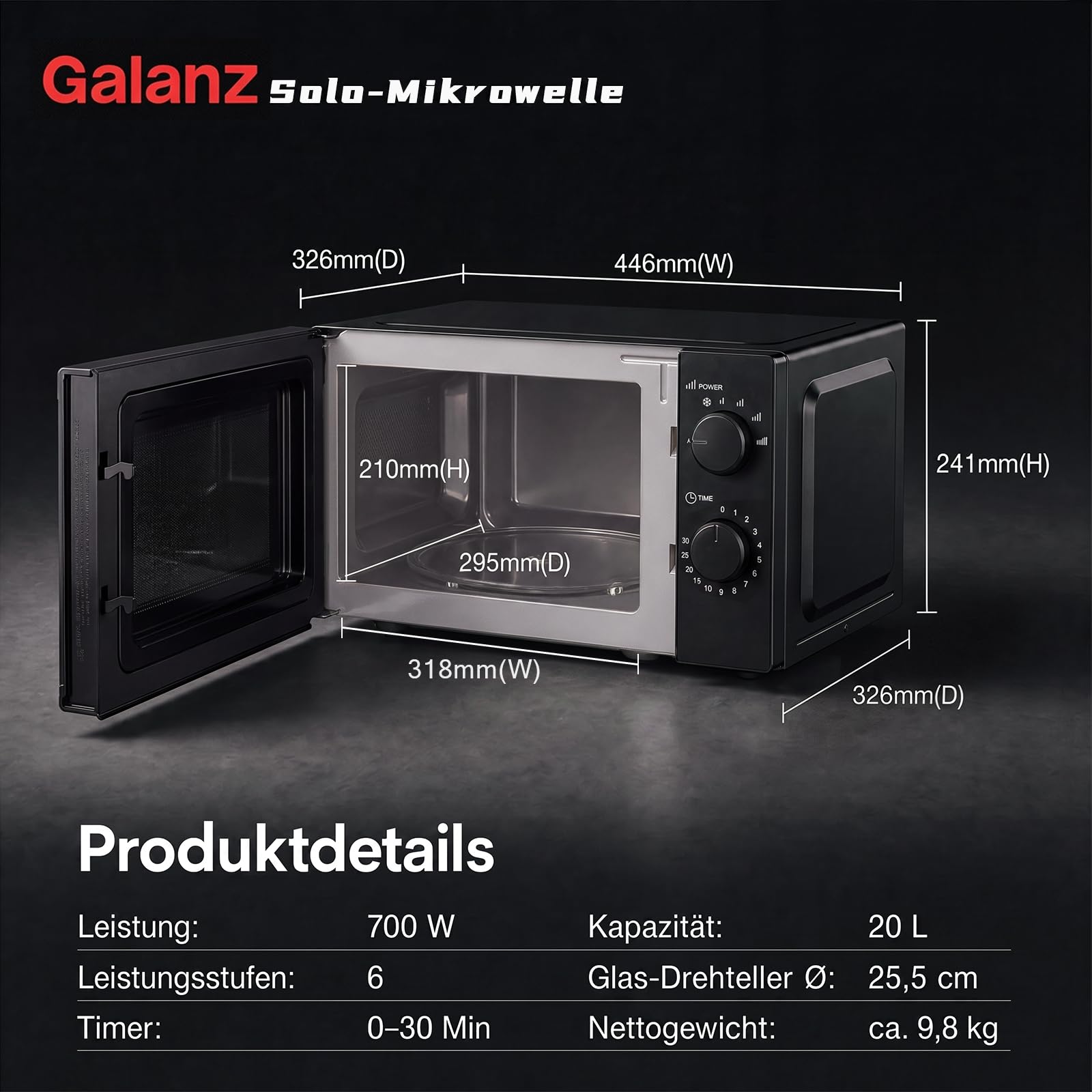 Galanz Mikrowelle 20L 700W, Solo Mikrowellengerät mit Drehregler, 6 Leistungsstufen, Drehteller aus Glas & Sichtfenster, einfache Bedienung, Schwarz, P70J20J-P5