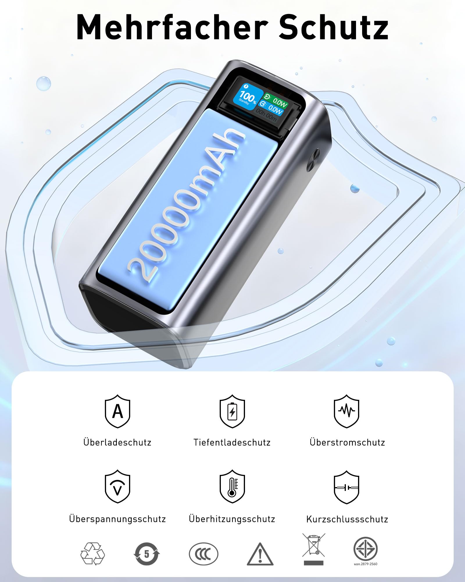 VINKO 20000mAh Powerbank 130W Schnellladung mit integriertem einziehbaren USB-C Kabel, Externer Handyakku kompatibel mit Laptop, iPhone 16/15 Pro Max, Galaxy S24 Ultra, MacBook, Dell