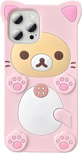 Funda de teléfono con diseño de oso de dibujos animados 3D para iPhone 14 Pro, moderna y elegante, divertido diseño de oso rosa, funda protectora de