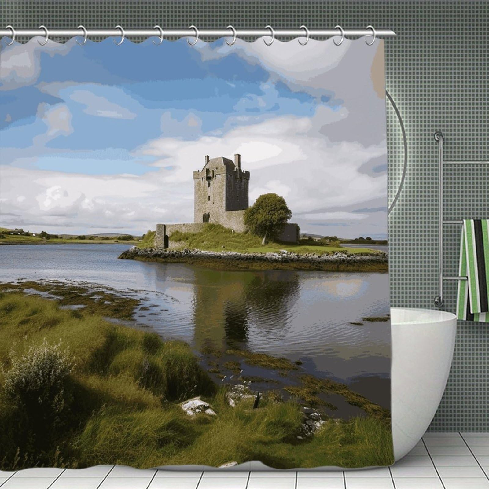 VstaDank View of The Dunguaire Castle Shower Curtain 71x71 Heavy Duty Polyester Cloth Bath Curtain with Hooks Thick Waterproof Shower Liner Fun Magic Decorative Bathroom Curtains for Bathtub