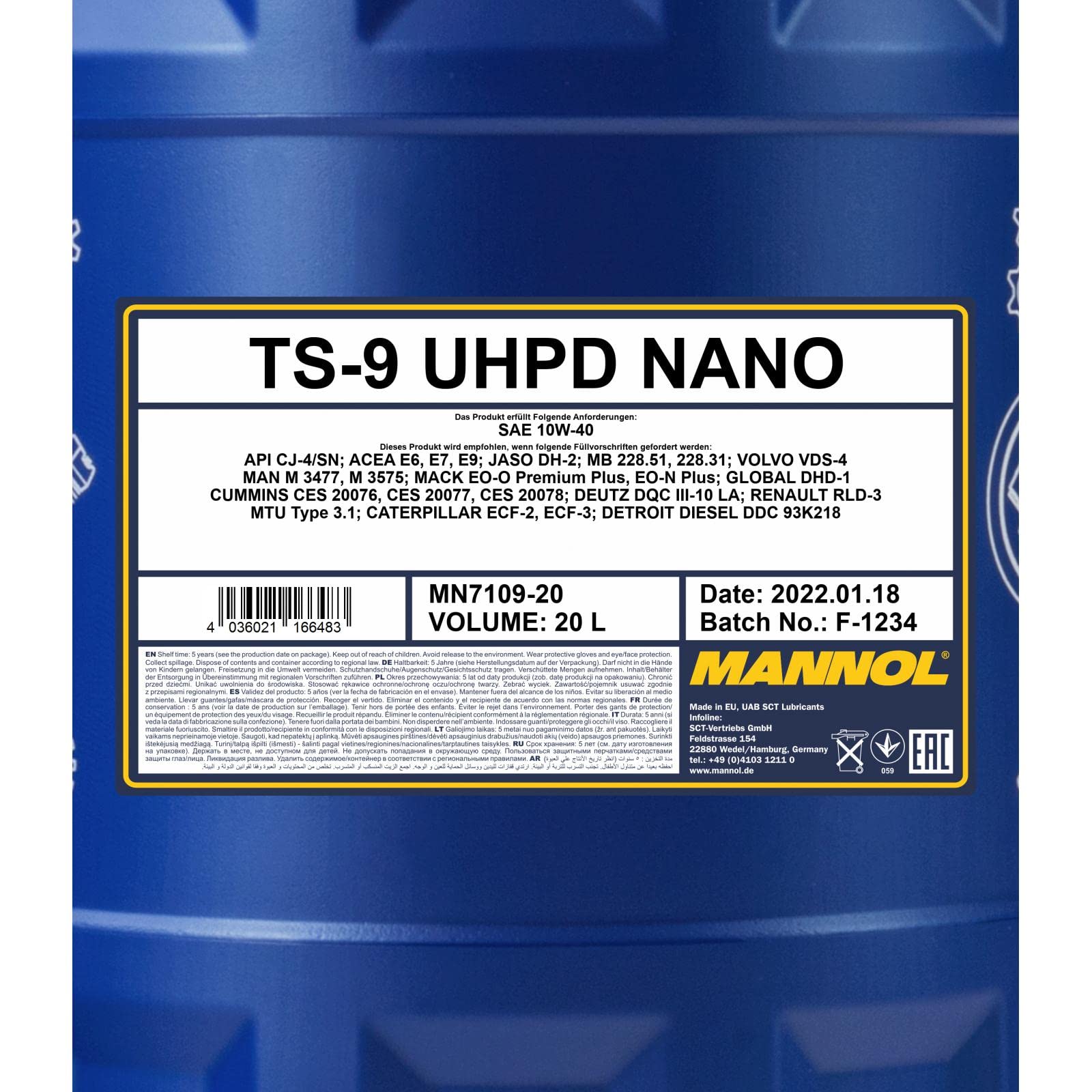 MANNOL Aceite de motor 10W-40 TS-9 aceite parcialmente sintético API CJ-4 API SN UHPD Nano 20L Compatible con MERCEDES-BENZ Clase C T-modell S204 Clase E T-modell S212 Clase C T-modell S205