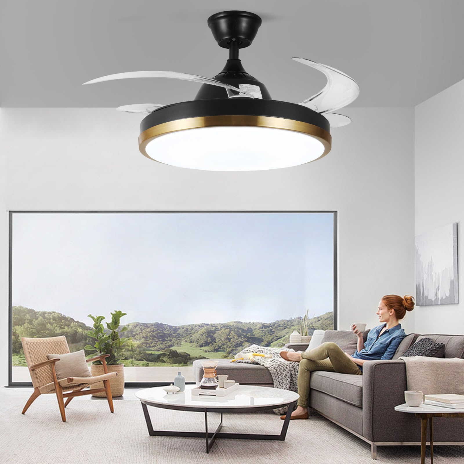 24W Ventilatore da soffitto con Telecomando, Dimmerabile Ventilatori a Soffitto con Altoparlante Bluetooth e Reversibile, Ventilatore da Soffitto con Lampada e pale a scomparsa per Camera da Letto