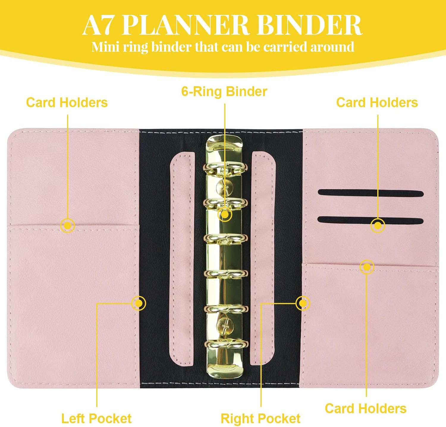 Koqye A7 Leather Binder 6-Ring with Zipper Pocket, Include Dividers & Refills Stickers, Black Refillable Planner Cover with Pockets (Black & Pink) - Image 3