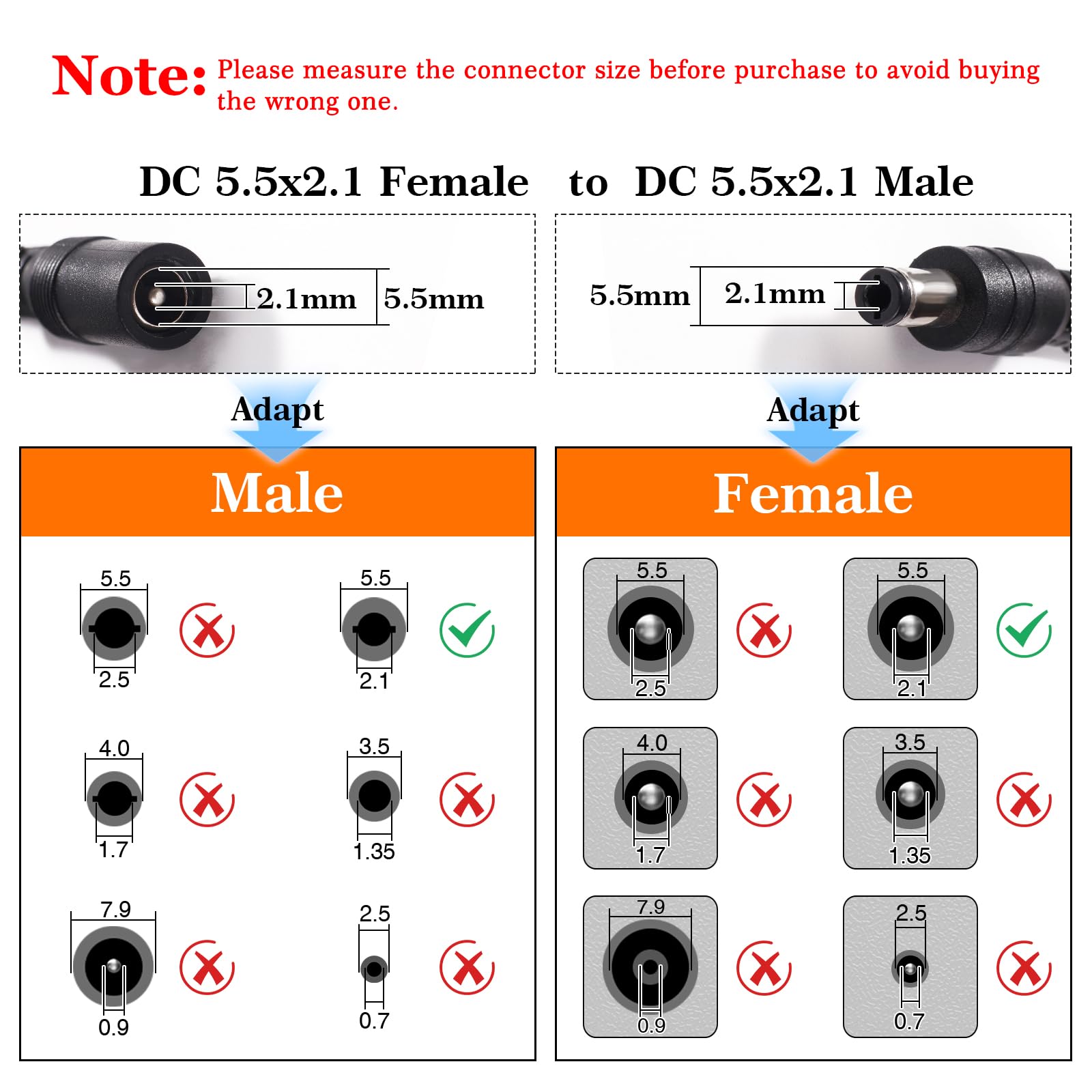 2 Pezzi 2m 5.5x2.1 mm 24V 12V Cavi di Prolunga per Alimentazione DC, DC Cavo Estensione Maschio a Femmina 22AWG, per Telecamera Sicurezza CCTV, DVR, Nero