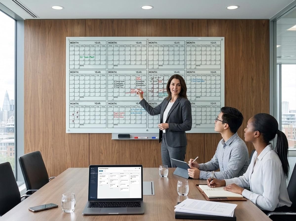 Magnetic Whiteboard Glass Board Yearly Calendar - 35" X 47" Large Wall Whiteboard - Dry Erase Planner for Wall Home, School, Office