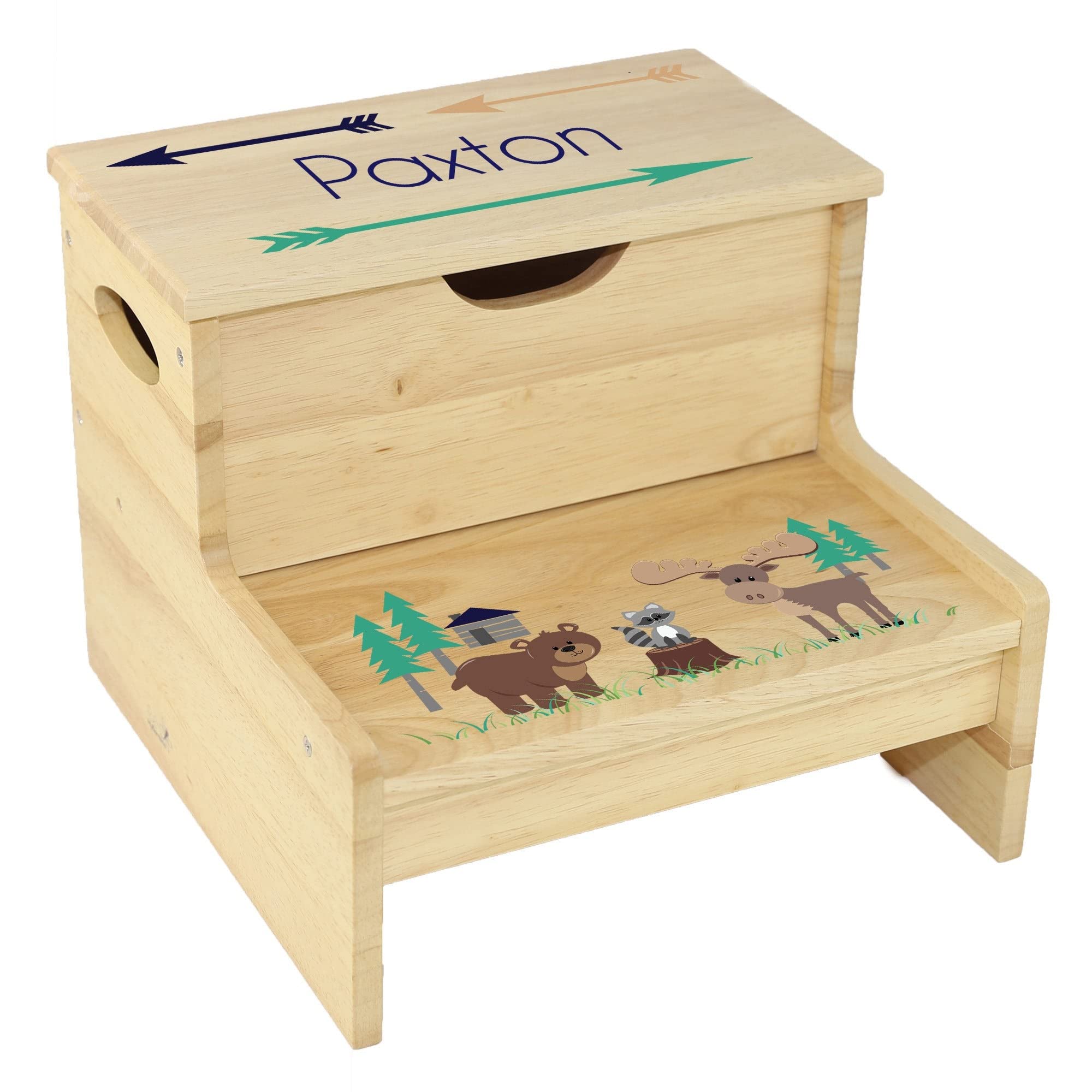 Personalized North Woodland Animal Natural Wood Storage Stool for Toddler Baby