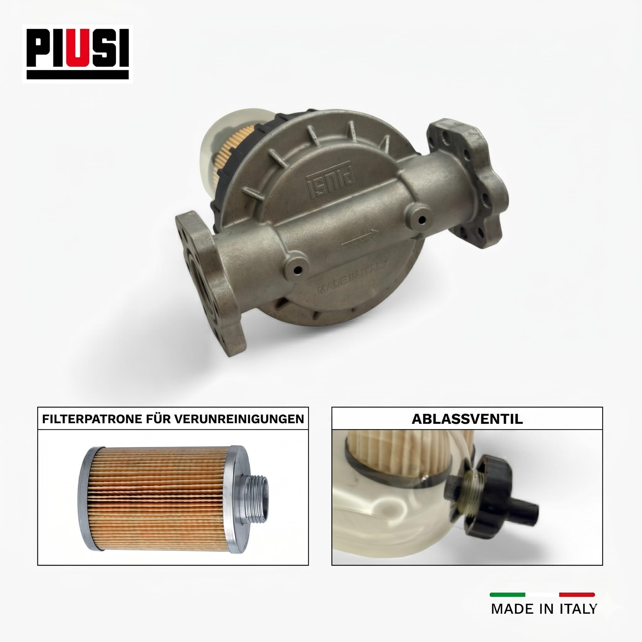 PIUSI Diesel-, Benzin- und Ölfilter mit austauschbarer Patrone, Komplettset Kopfstütze + 2x Patronen, Durchflussrate 100 l/min, Druck 5 bar, 5 Mikron Filterung | Clear Captor F00611B00