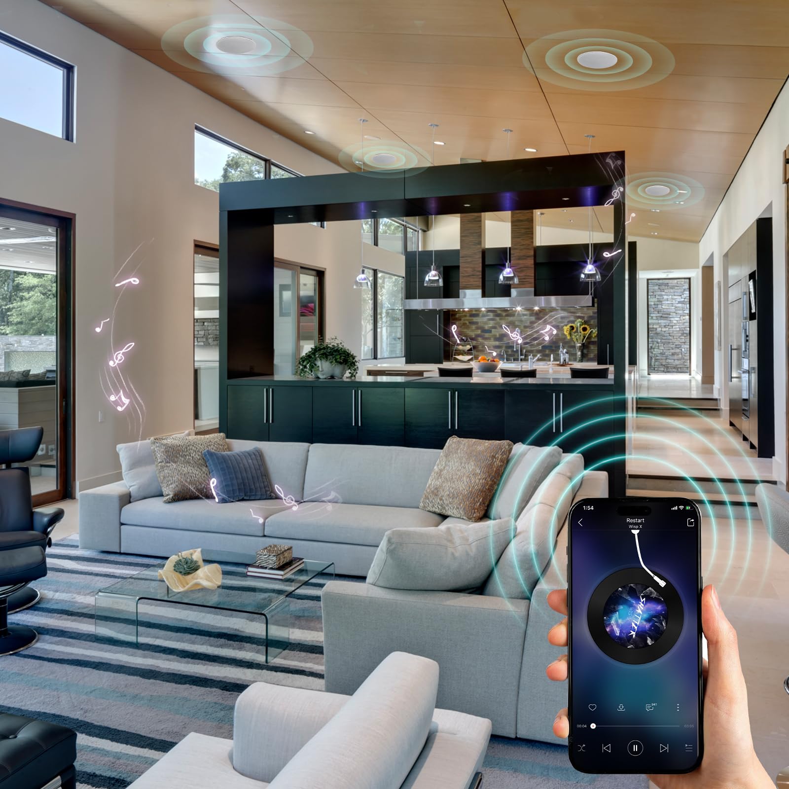 STUDIOFINIX Haut-parleurs de plafond Bluetooth de 4 pouces, système 2 voies 320W, 4 haut-parleurs, son surround filaire pour salon, bureau, cuisine, salle d'étude, sous-sol, terrasse couverte et
