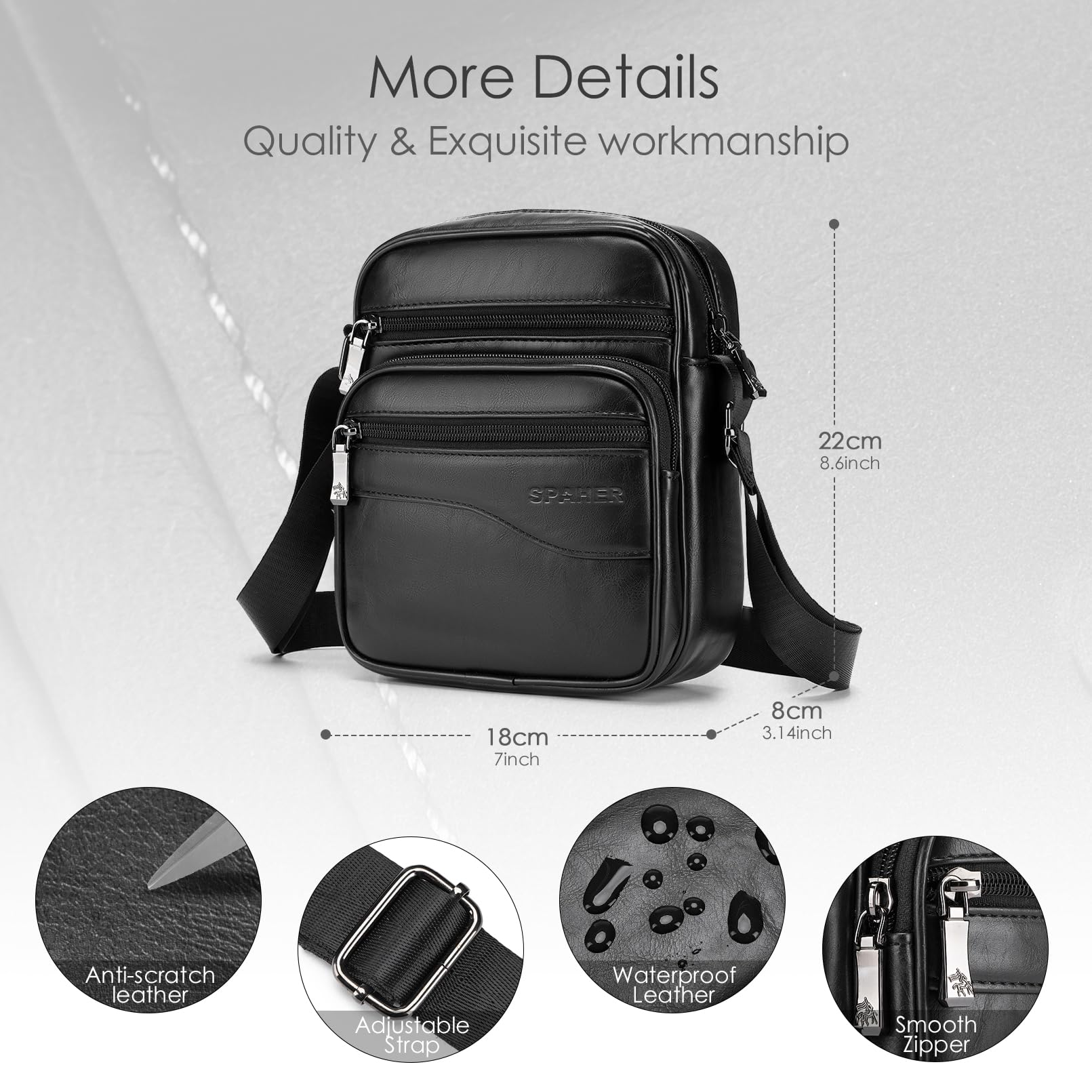 SPAHER Sacoche Homme Cuir Bandouliere Pochette Sacs à Main Sac Bandouliere Sac porté épaule Besaces Grand Sac à dos Sac de Messager Crossbody Cadeau pour Hommes
