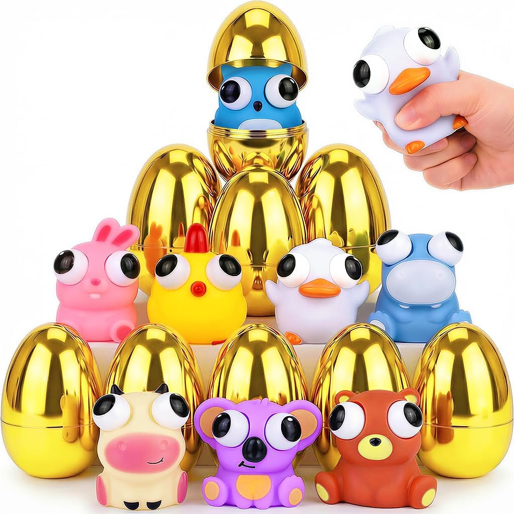 8 Pack Jumbo Golden Easter Eggs Fillers with Eye-pop Fidget Stress Toys, Easter Basket Stuffers Fillers Large Surprise Easter Eggs with Toys Inside, Easter Party Favors Eggs Hunts for Kids Boys Girls