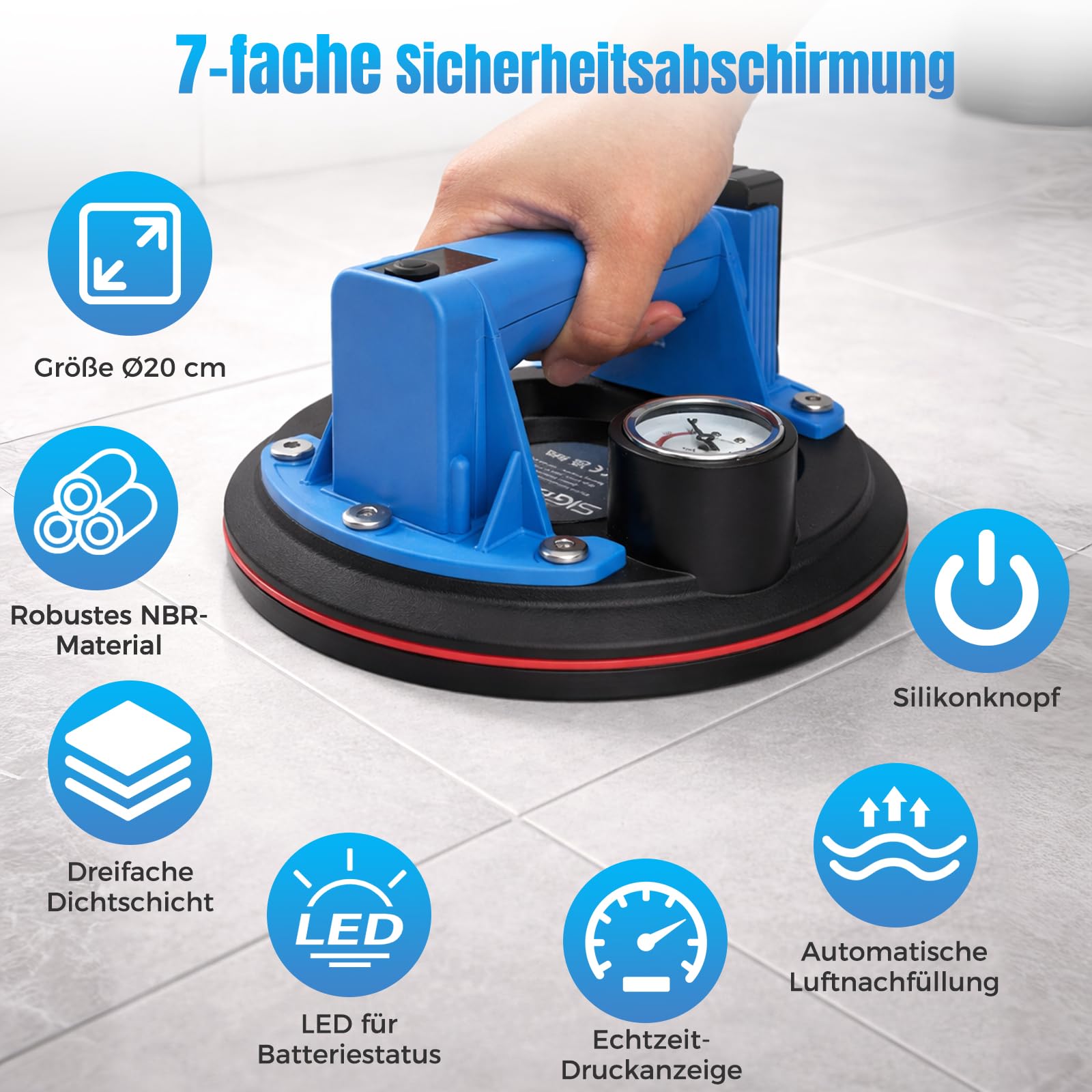 8" Akku Saugheber für Fliesen 130kg, Elektrischer Vakuumheber mit Metall-Manometer & LCD-Display, 2x Digital-Akkus (USB-Ladung), Saugheber für Glas und Glatte Oberflächen