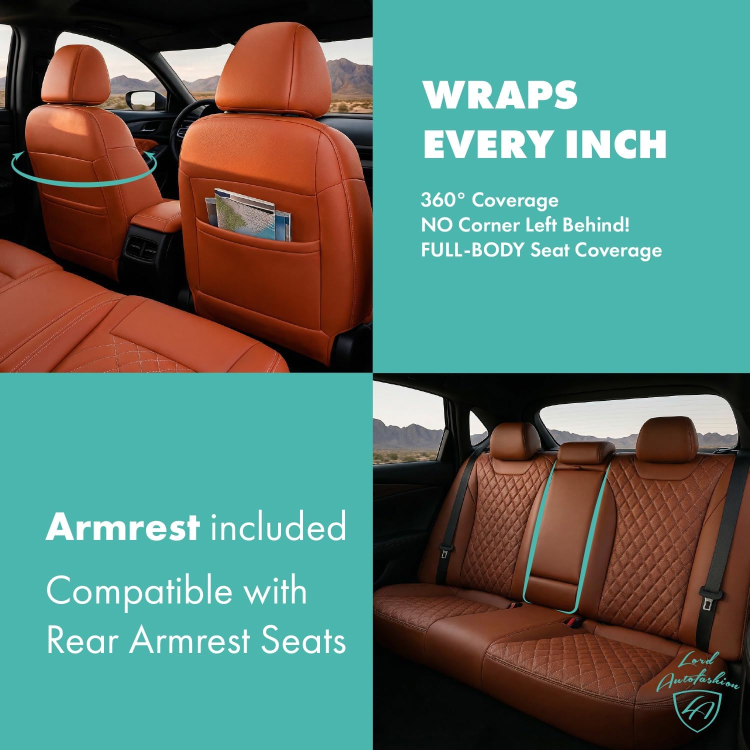 Lord AutoFashion Toyota Tacoma Seat Covers 2016-2023 Byron Classic Diamond Custom Fit Waterproof Eco Leather 3D Design Airbag Compatible Full Set Front Rear Truck Seat Protector Easy Install - Brown