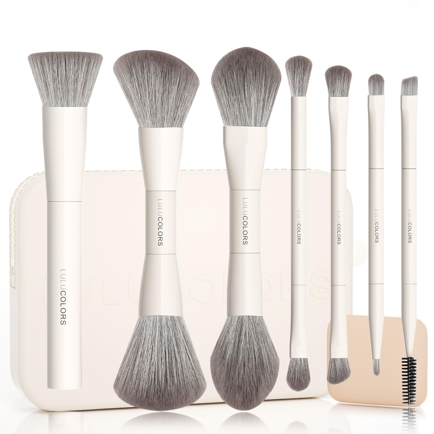 LULUCOLORS 13 in 1 Dual Ended Makeup Pinsel Set mit Schwamm & Reiseetui - 7 Multifunktionspinsel für Gesicht & Augen - Weiche Borsten, Holzgriffe - Erhältlich in Creme, Grün oder Rosa (Cremeweiß)