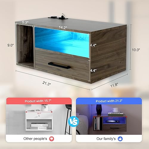 Miniatura 2 de Bloddream Mesita de noche flotante con estación de carga y tiras de luz LED, mesita de noche de 23.6 pulgadas con cajones, mesita de noche flotante