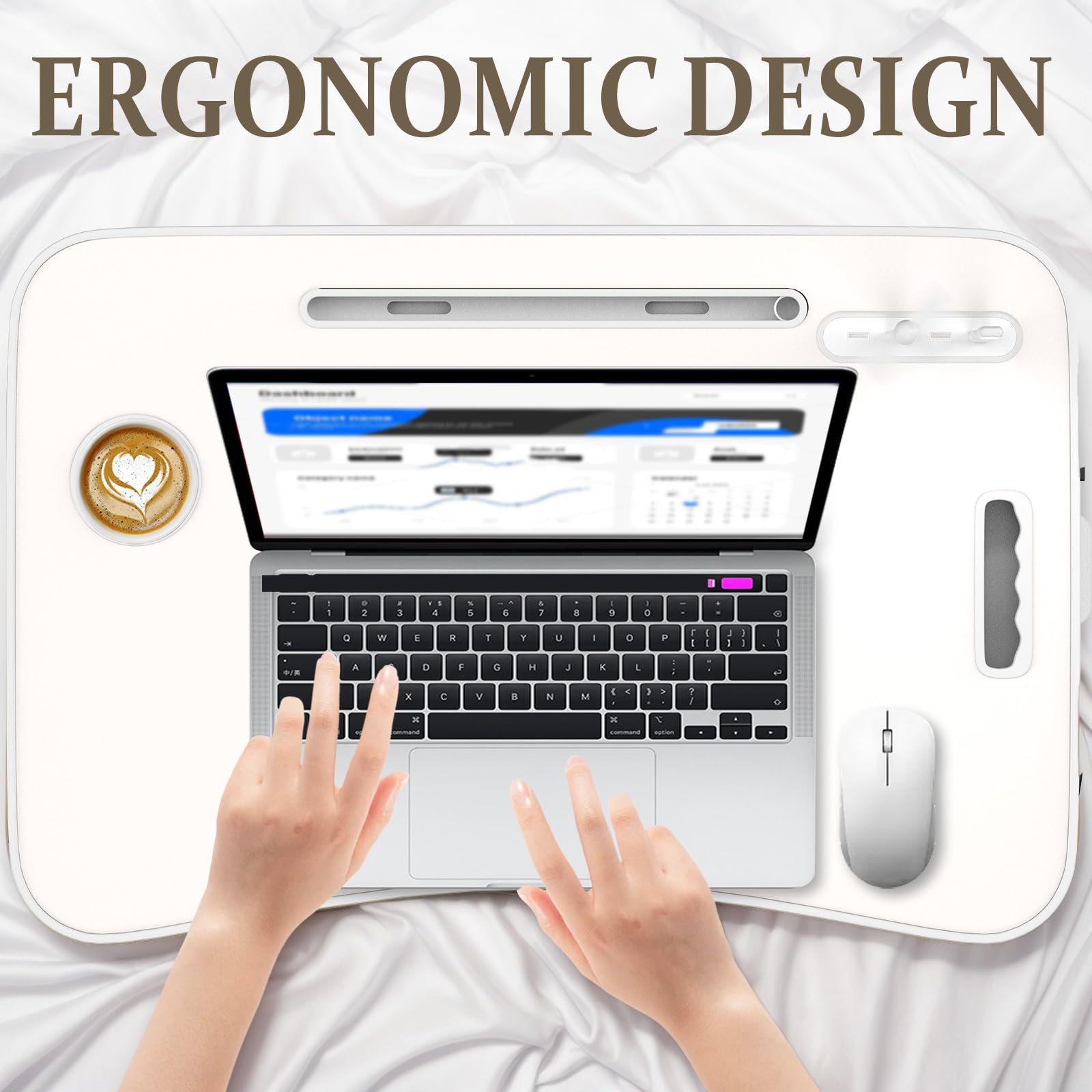 Huracan Tavolino da Letto, Tavolo Laptop Vassoio da Letto Pieghevole con 3 Interfaccia USB, Cassetto, Slot per Tazza, scrivania da letto, tavolo da letto pc per Divano, Pavimento, Mangiare (Bianco)