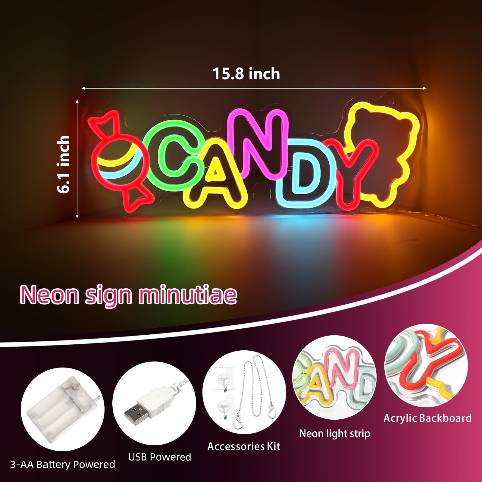 ATOLS Neon Candy Sign - Wall Decor, Battery/USB Powered, Perfect