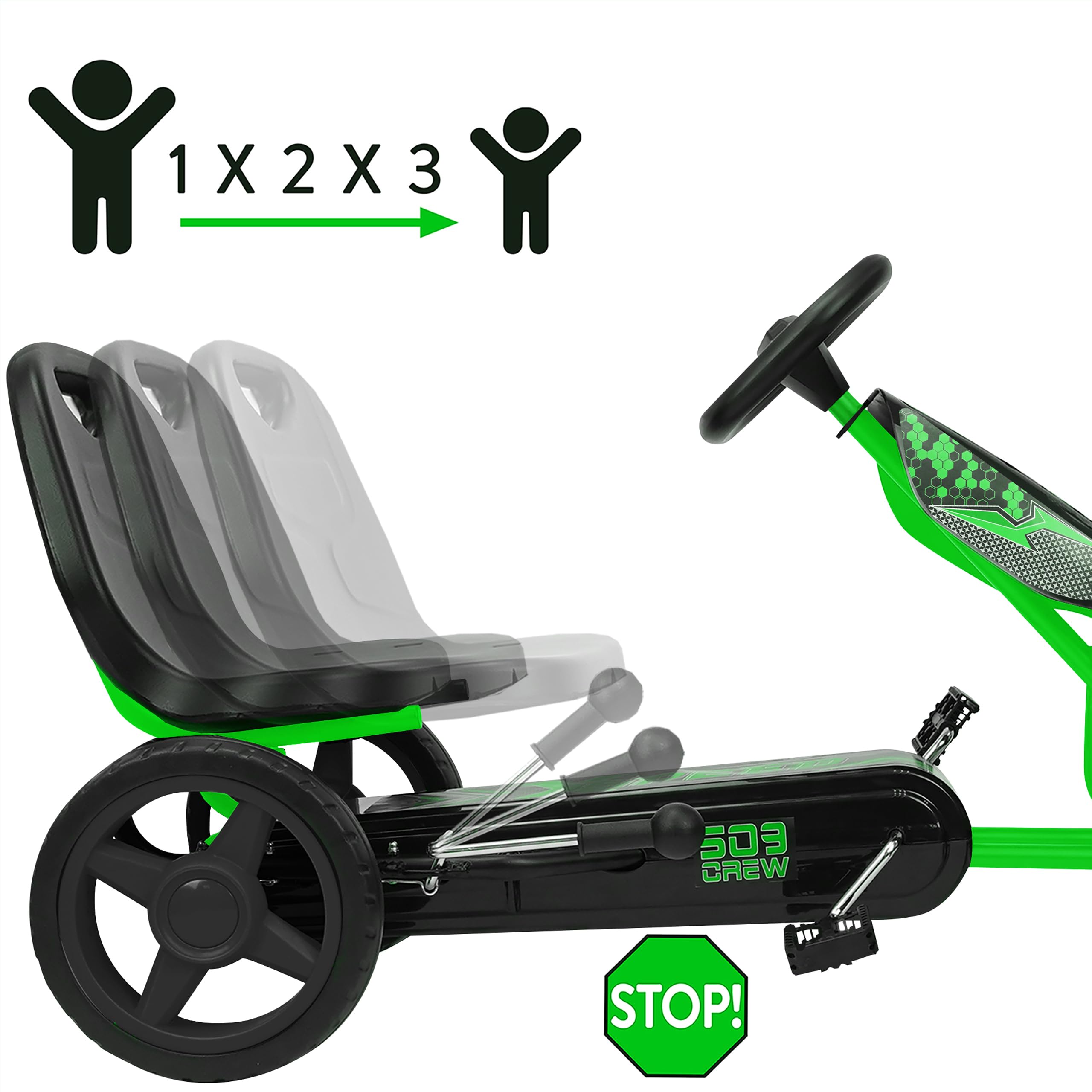509 Crew XSpeed Pedal Go Kart, Pedal Car, Ride On, Sporty Graphics on The Front Fairing, Adjustable Seat, 4 Spoke Rims 25cm (10") Eva Wheels, Sporty Steering Wheel, with Hand Brake, Ages 4+ (Green)