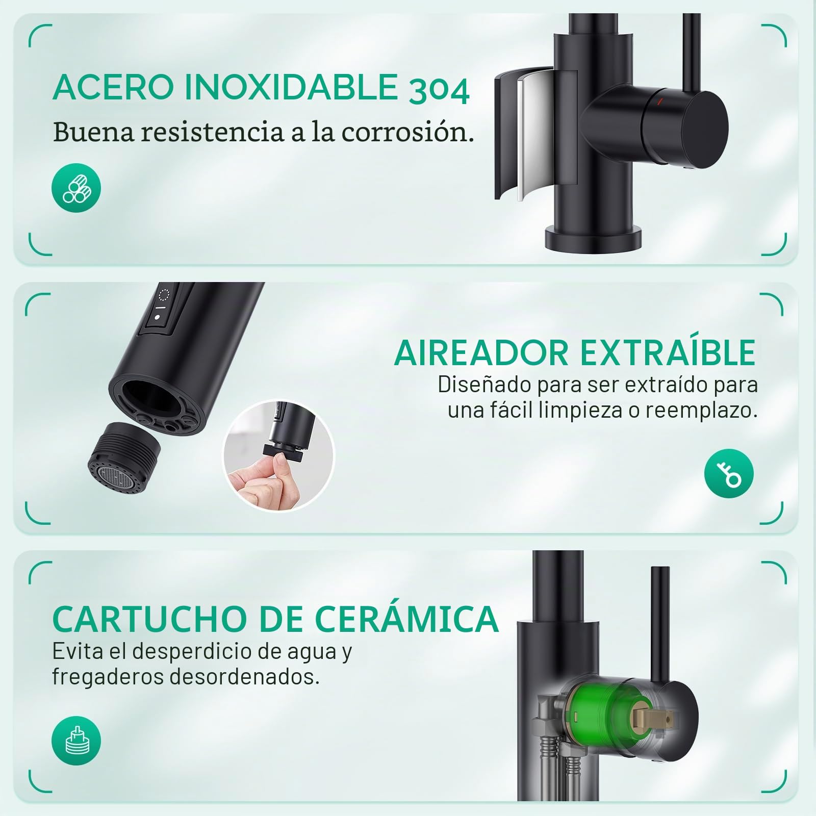 CREA Grifo de cocina de 3 vías,3 En 1 Grifo De Fregadero,Negro Mate | Giratorio a 360° Grifo Monomando Fregadero De Cocina Para Filtro De Agua , De Cocina Para Sistemas De Ósmosis