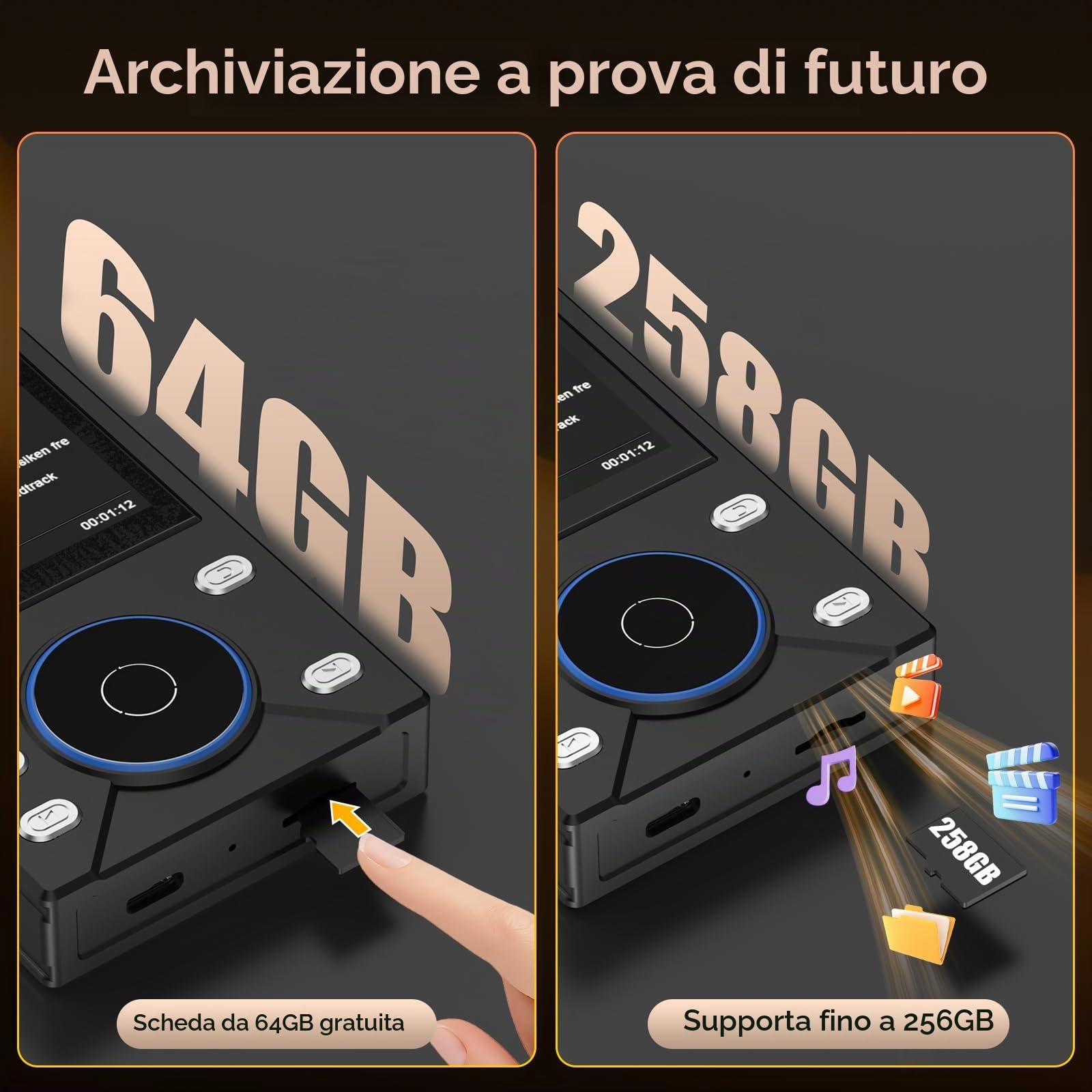 Gueray Lettore MP3 HIFI 16GB con Bluetooth 5.3 - Lettore Audio Digitale Alta Risoluzione Senza Perdita, Supporto Radio FM, Registratore Vocale, Scheda di Memoria da 64GB (Espandibile fino a 256GB)
