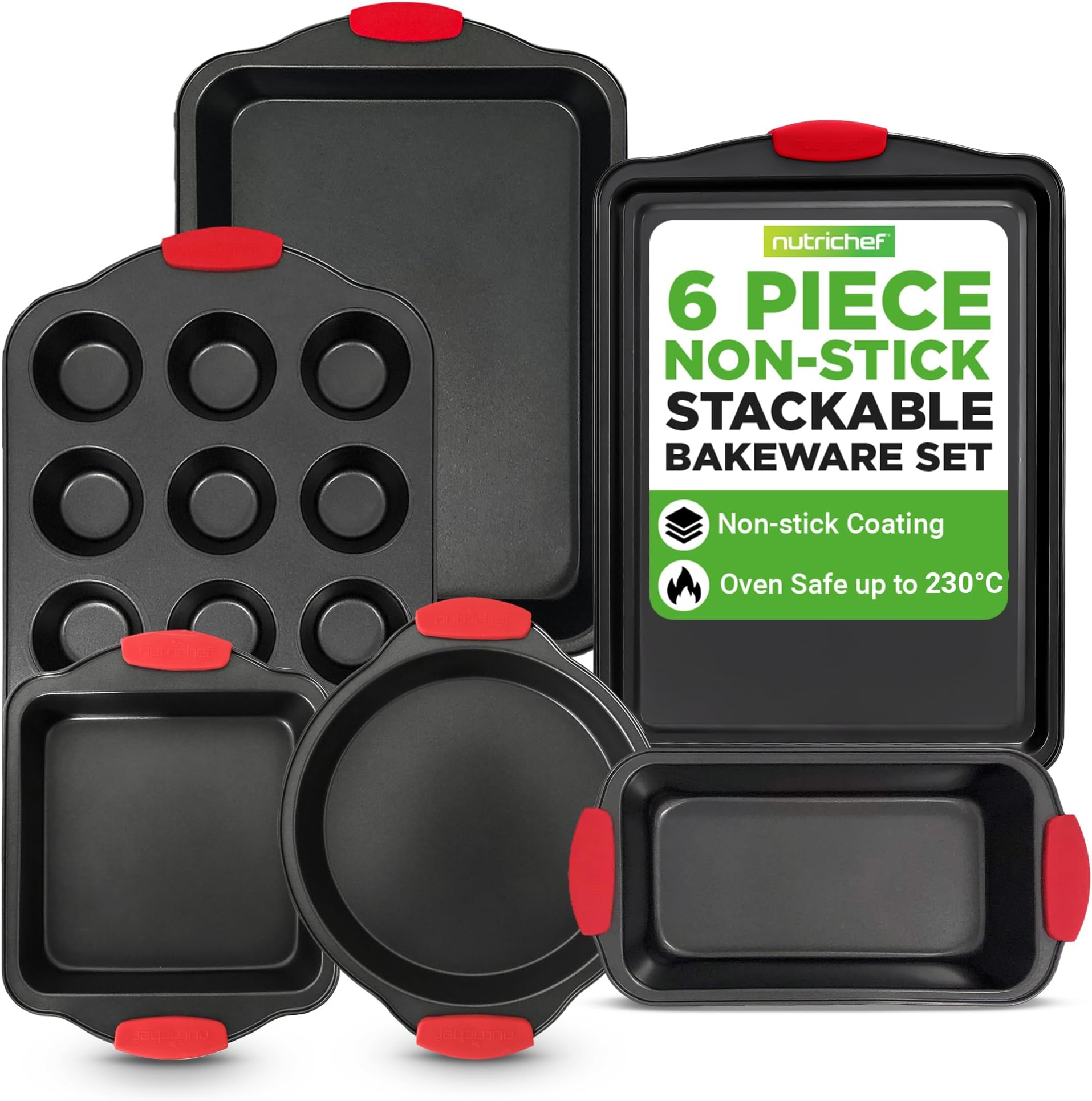 NutriChef Baking Trays Sets for oven Non stick, 6 Piece Oven Tray Set, Includes Bakeware Cookie Sheets Pan, Loaf Pan, Muffin Tins, Cake Tin, Black w/ Red Silicone Handles
