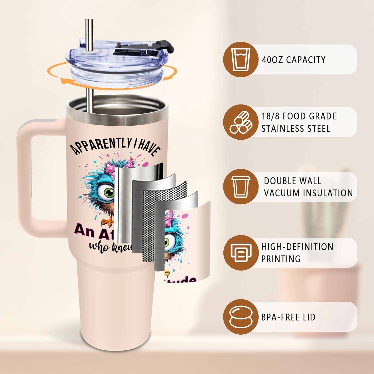 DUUV Sarcastic Tumbler for Women, Apparently I Have an Attitude Who Knew Funny 40 Oz Coffee Mug Tumbler with Handle, Thanksgiving Christmas Birthday Gifts for Coworker, Friend, Sister, 1PCS - Image 4