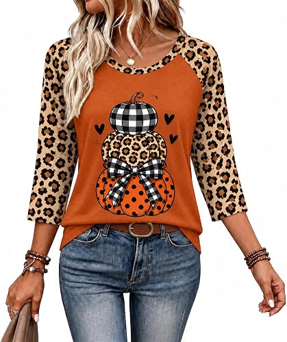 Halloween Shirts for Women Leopard Print Top Pumpkin 3/4 Sleeve T Shirt