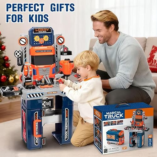 Miniatura 5 de Banco de herramientas con taladro eléctrico realista, banco de herramientas 3 en 1 para niños de 3, 4, 5, 6, 7, 8, juego de taller interactivo para