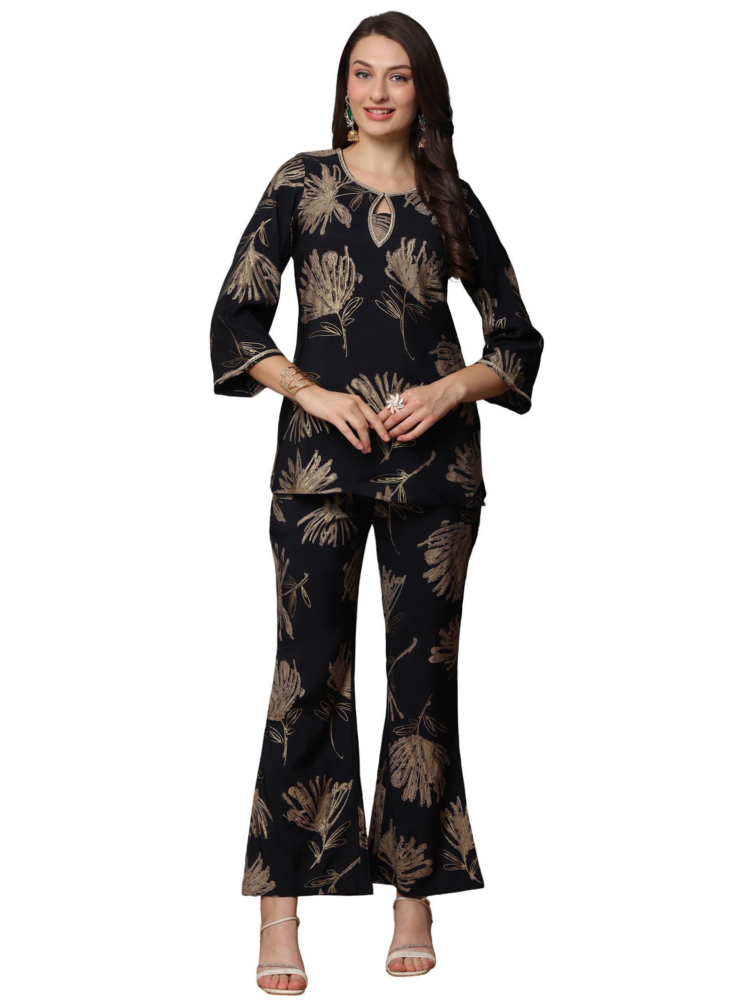 Women's Floral Print Co-ord Set, Black and Brown Polyester Blend Tunic with Trousers, Regular Fit, 2 Pieces-image-3