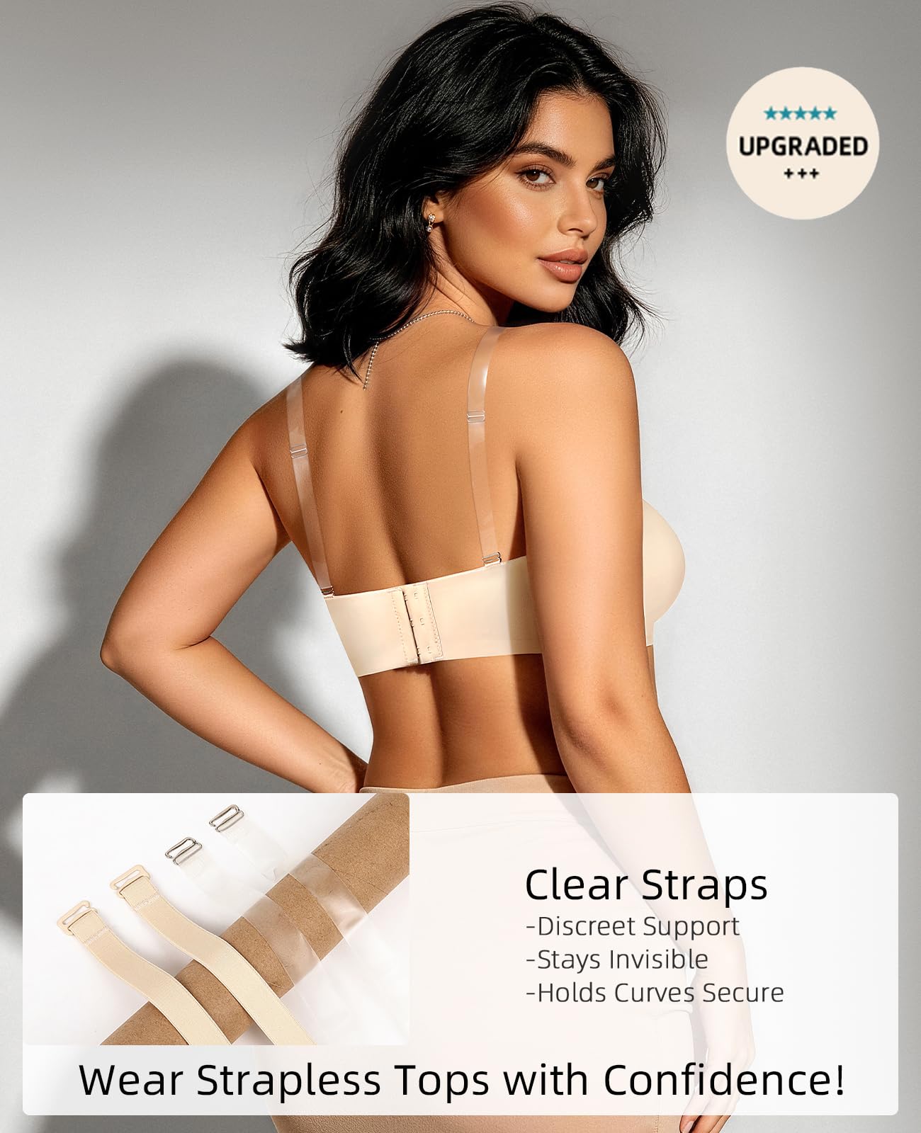 Upushall Sujetadores sin tirantes de talla grande para mujer, brasier bandeau acolchado con tirantes transparentes
